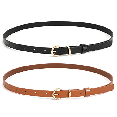 WHIPPY 2er-Pack dünner Damen Ledergürtel schmaler Taillengürtel schmal Gürtel mit goldener Kreisschnalle für Kleid Hose Jeans，110cm schwarz/braun von WHIPPY