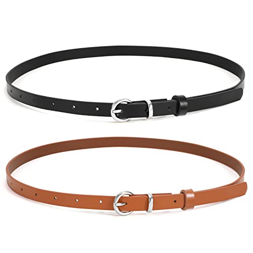 WHIPPY 2er-Pack dünner Damen Ledergürtel schmaler Taillengürtel schmal Gürtel mit goldener Kreisschnalle für Kleid Hose Jeans，130cm schwarz+braun von WHIPPY