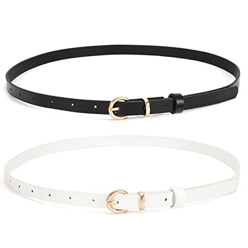 WHIPPY 2er-Pack dünner Damen Ledergürtel schmaler Taillengürtel schmal Gürtel mit goldener Kreisschnalle für Kleid Hose Jeans，schwarz+weiß 120cm von WHIPPY
