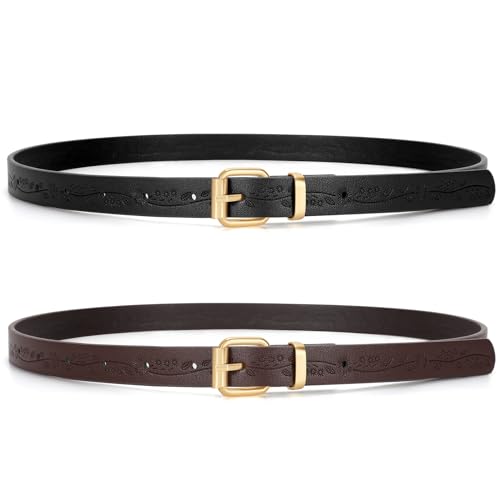 WHIPPY 2er-Pack schmal Ledergürtel für Kleider Taillengürtel Damen dünner Gürtel für Jeans Hosen mit Goldschnalle，schwarz+kaffee，110cm von WHIPPY