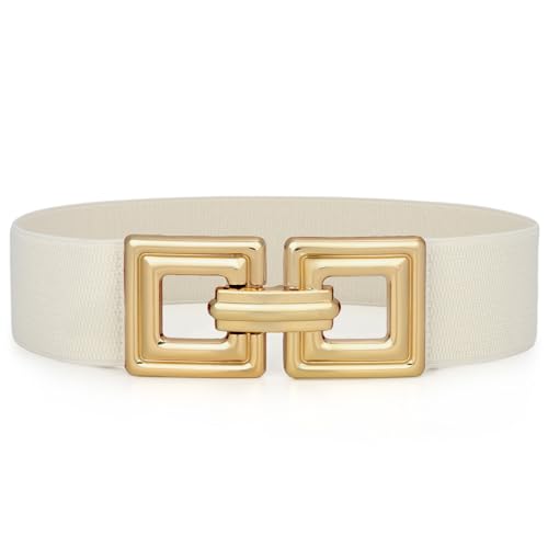 WHIPPY Damen Breiter Elastischer Taillengürtel Stretchy Gürtel für Kleid dehnbarer Hüftgürtel Mode Quadratischer Gold Schnalle,Beige 90cm von WHIPPY