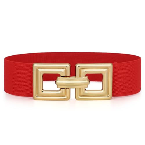 WHIPPY Damen Breiter Elastischer Taillengürtel Stretchy Gürtel für Kleid dehnbarer Hüftgürtel Mode Quadratischer Gold Schnalle,Rot 80cm von WHIPPY