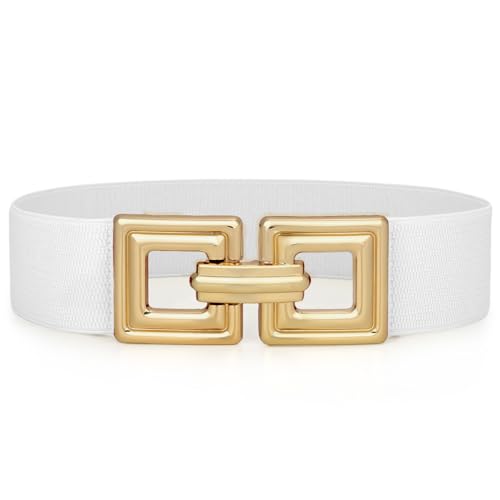 WHIPPY Damen Breiter Elastischer Taillengürtel Stretchy Gürtel für Kleid dehnbarer Hüftgürtel Mode Quadratischer Gold Schnalle,Weiß 90cm von WHIPPY