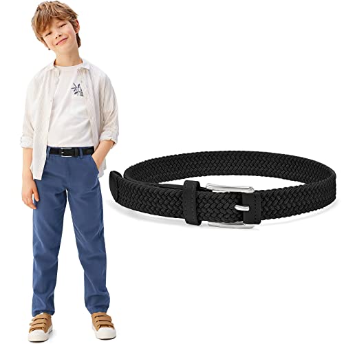 WHIPPY Kinder Gürtel Elastik Unisex Geflochtener elastischer Stretch Gürtel gewebter gürtel für Jungen und Mädchen Endspitze aus Leder mit Dornschließe, 3 cm breite, schwarz 65cm von WHIPPY