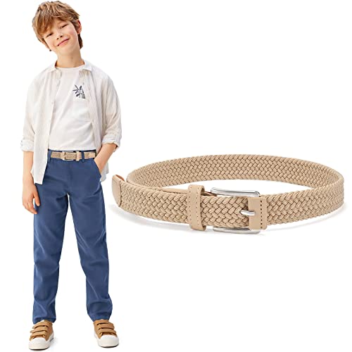 WHIPPY Kinder Gürtel Elastik Unisex Geflochtener elastischer Stretch Gürtel gewebter gürtel für Jungen und Mädchen Endspitze aus Leder mit Dornschließe, 3 cm breite,beige 75cm von WHIPPY