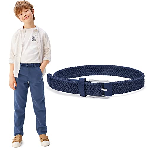 WHIPPY Kinder Gürtel Elastik Unisex Geflochtener elastischer Stretch Gürtel gewebter gürtel für Jungen und Mädchen Endspitze aus Leder mit Dornschließe, 3 cm breite,blau 65cm von WHIPPY