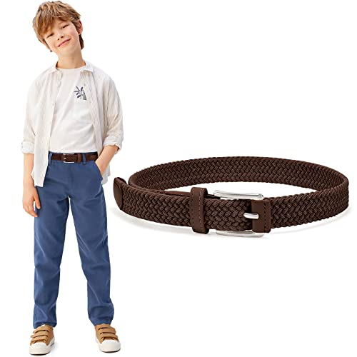 WHIPPY Kinder Gürtel Elastik Unisex Geflochtener elastischer Stretch Gürtel gewebter gürtel für Jungen und Mädchen Endspitze aus Leder mit Dornschließe, 3 cm breite,kaffee 65cm von WHIPPY