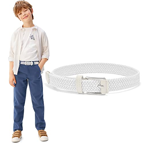 WHIPPY Kinder Gürtel Elastik Unisex Geflochtener elastischer Stretch Gürtel gewebter gürtel für Jungen und Mädchen Endspitze aus Leder mit Dornschließe, 3 cm breite,weiß 65cm von WHIPPY