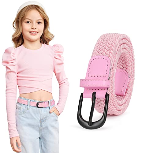 WHIPPY Kinder Gürtel Geflochtener elastischer Gürtel für Jungen Mädchen stretch Gürtel Stoffgürtel gewebte Gürtel für Teenager Junioren 2,5 cm breite mit Metallschnalle,Rosa,65cm von WHIPPY