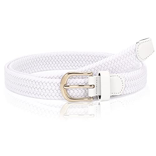 WHIPPY Stoffgürtel Stretchgürtel Elastik Flechtgürtel Geflochtener Elastischer Dehnbarer Gürtel für Damen Herren mit Goldschnalle Breite 2.5cm,weiß,110cm von WHIPPY