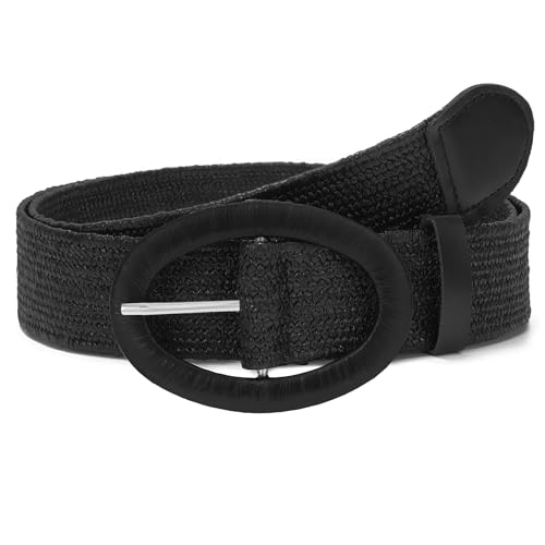 WHIPPY Stroh Gewebte Elastische Taillengürtel für Damen Boho Frauen Geflochtener Rattan Breiter Gürtel Stretch Taillengürtel, Schwarz, 90cm von WHIPPY