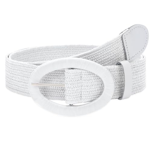 WHIPPY Stroh Gewebte Elastische Taillengürtel für Damen Boho Frauen Geflochtener Rattan Breiter Gürtel Stretch Taillengürtel, Weiß, 100cm von WHIPPY