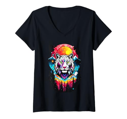 Damen Weißer Tiger, Blaue Berge, Hölzer und Sonnenuntergang. Magisch T-Shirt mit V-Ausschnitt Damen Weißer Tiger, Blaue Berge, Hölzer und Sonnenuntergang. Magisch T-Shirt mit V-Ausschnitt von WHITE TIGER DESIGN. BLUE MOUNTAINS, FOREST SUN SET