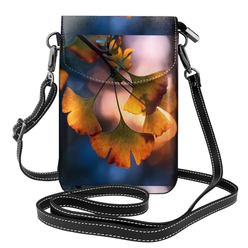 WHJSSF Kleine Handy-Geldbörse, 19,3 x 12,4 cm, Ginkgo-Blätter im Sonnenuntergang, bedruckt, Leder, Crossbody-Klappe, Handytasche für Damen, perfekt für Spaziergänge, Camping von WHJSSF