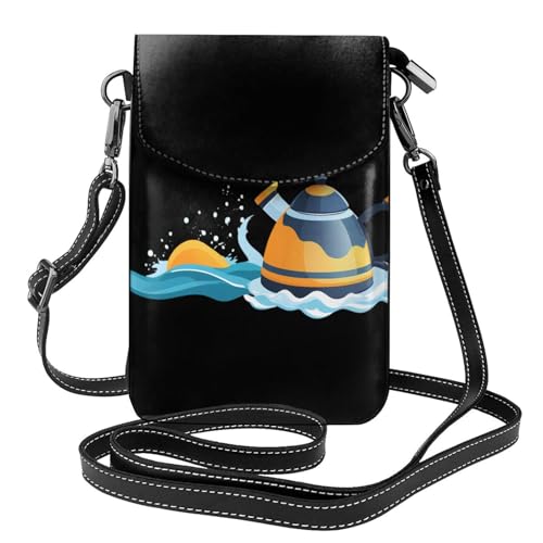 WHJSSF Kleine Handy-Geldbörse, 19,3 x 12,4 cm, Motiv: Wasserkocher in den Wellen, bedrucktes Leder, Crossbody-Klappe, Handytasche für Damen, perfekt für Spaziergänge, Camping von WHJSSF