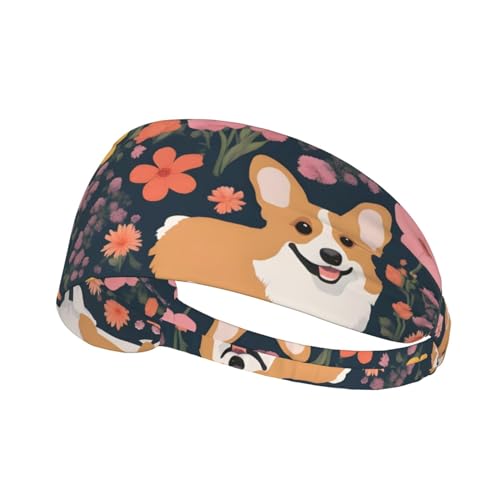 WHJWXC Corgi elastisches Übungs-Stirnband mit Blumenmuster, Stirnband für Damen und Herren, Haarband für Yoga und Fitness von WHJWXC
