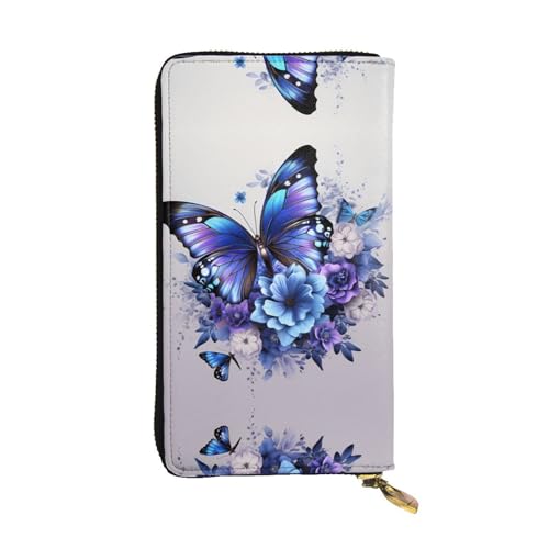 WHJWXC Geldbörse Leder 19,0 x 10,5 cm - Stilvolle und langlebige Geldbörse für Damen mit mehreren Fächern und Reißverschluss-Design Blau Lila Blume Schmetterling Muster Schwarz Einheitsgröße, Schwarz von WHJWXC