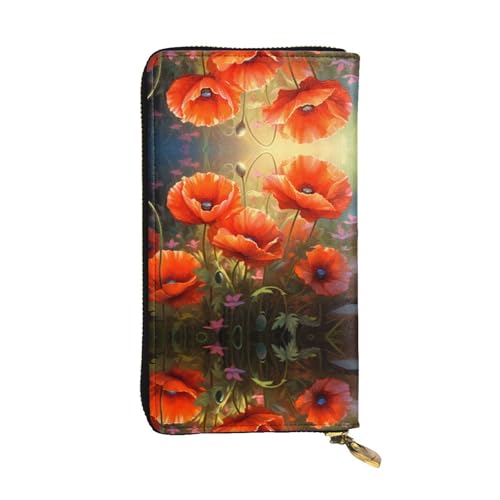 WHJWXC Geldbörse aus Leder 19,0 x 10,5 cm - stilvolle und langlebige Geldbörse für Damen mit mehreren Fächern und Reißverschluss-Design Mohnblumen im Blütendruck, Schwarz, Einheitsgröße, Schwarz , von WHJWXC