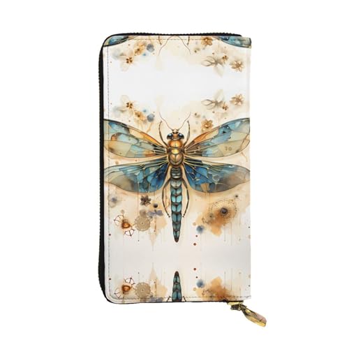 WHJWXC Leder Geldbörse 19,0 x 10,5 cm - Stilvolle und langlebige Geldbörse für Damen mit mehreren Fächern und Reißverschluss-Design, goldene zarte Libelle auf gelbem Hintergrund, Schwarz, von WHJWXC