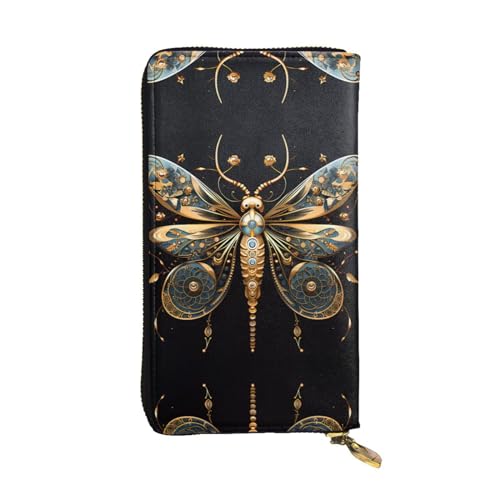 WHJWXC Leder Geldbörse 19,0 x 10,5 cm - Stilvolle und langlebige Geldbörse für Damen mit mehreren Fächern und Reißverschluss-Design, goldene zarte Libelle auf schwarzem Hintergrund, schwarz, von WHJWXC