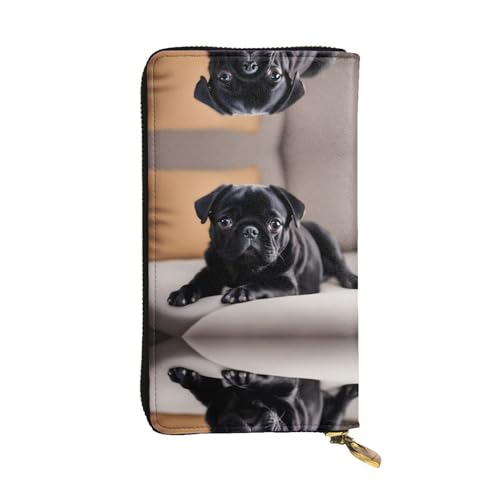 WHJWXC Leder Geldbörse 19,0 x 10,5 cm - Stilvolle und langlebige Geldbörse für Damen mit mehreren Fächern und Reißverschluss-Design, niedliches schwarzes Mops-Hundemuster, Schwarz, Einheitsgröße, von WHJWXC