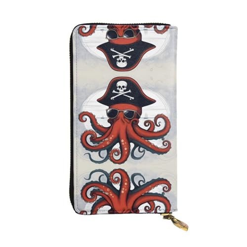 WHJWXC Leder Geldbörse 19,0 x 10,5 cm - Stilvolle und langlebige Geldbörse für Damen mit mehreren Fächern und Reißverschluss-Design Cartoon Segeln Piraten Octopus Muster Schwarz Einheitsgröße, Schwarz von WHJWXC