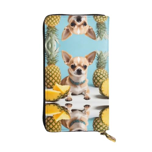 WHJWXC Leder Geldbörse 19,0 x 10,5 cm - Stilvolle und langlebige Geldbörse für Damen mit mehreren Fächern und Reißverschluss-Design Chihuahua Hund Ananas Muster Schwarz One Size, Schwarz , von WHJWXC