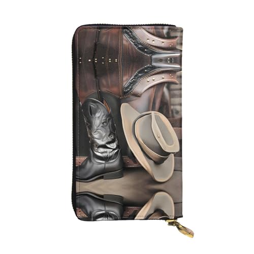 WHJWXC Leder Geldbörse 19,0 x 10,5 cm - Stilvolle und langlebige Geldbörse für Damen mit mehreren Fächern und Reißverschluss-Design Cowboy schwarzer Hut Westernstiefel Muster, Schwarz, Einheitsgröße, von WHJWXC
