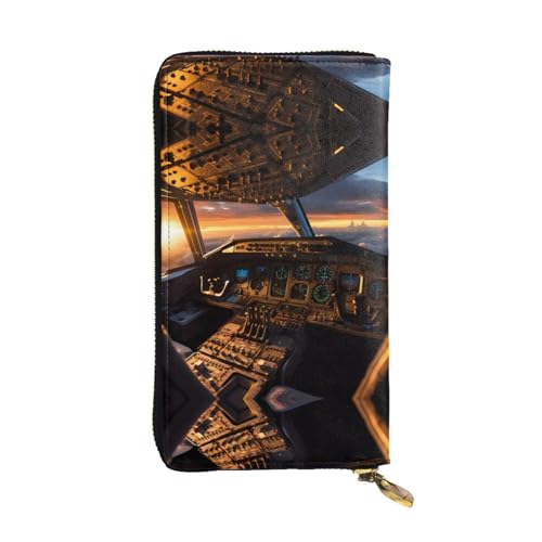 WHJWXC Leder Geldbörse 19,0 x 10,5 cm - Stilvolle und langlebige Geldbörse für Damen mit mehreren Fächern und Reißverschluss-Design Flugzeug-Cockpit-Muster, Schwarz, Einheitsgröße, Schwarz , von WHJWXC