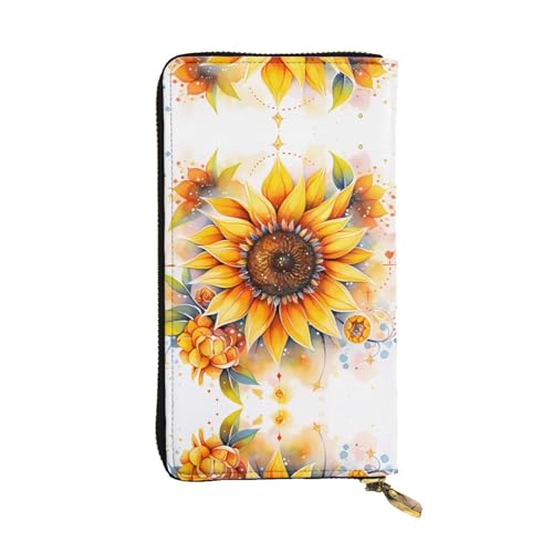 WHJWXC Leder Geldbörse 19,0 x 10,5 cm - Stilvolle und langlebige Geldbörse für Damen mit mehreren Fächern und Reißverschluss-Design Gelb Sonnenblume im Ölmuster, Schwarz, Einheitsgröße, Schwarz , von WHJWXC