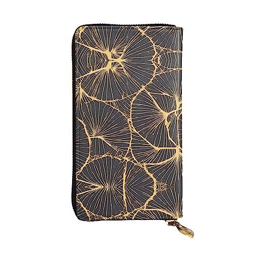 WHJWXC Leder Geldbörse 19,0 x 10,5 cm - Stilvolle und langlebige Geldbörse für Damen mit mehreren Fächern und Reißverschluss-Design Goldenes Blattmuster, Schwarz, Einheitsgröße, Schwarz , von WHJWXC