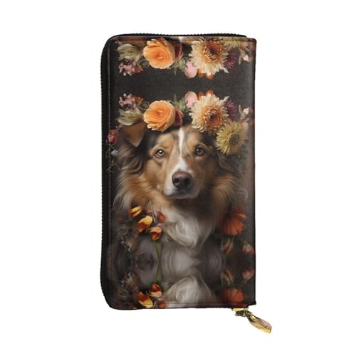WHJWXC Leder Geldbörse 19,0 x 10,5 cm - Stilvolle und langlebige Geldbörse für Damen mit mehreren Fächern und Reißverschluss-Design Hund Mädchen mit Blumenmuster, Schwarz, Einheitsgröße, Schwarz , von WHJWXC