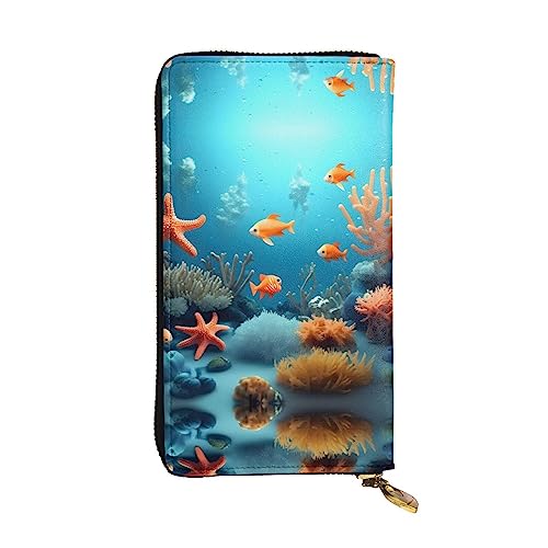 WHJWXC Leder Geldbörse 19,0 x 10,5 cm - Stilvolle und langlebige Geldbörse für Damen mit mehreren Fächern und Reißverschluss-Design Korallenfisch Unterwassermuster, Schwarz, Einheitsgröße, Schwarz , von WHJWXC