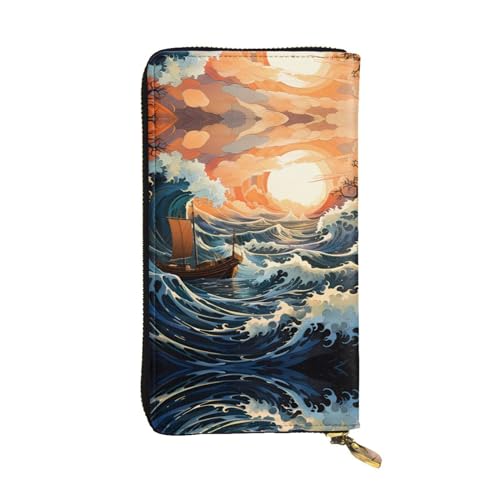 WHJWXC Leder Geldbörse 19,0 x 10,5 cm - Stilvolle und langlebige Geldbörse für Damen mit mehreren Fächern und Reißverschluss-Design Meer und Segel Druck, Schwarz, Einheitsgröße, Schwarz , von WHJWXC