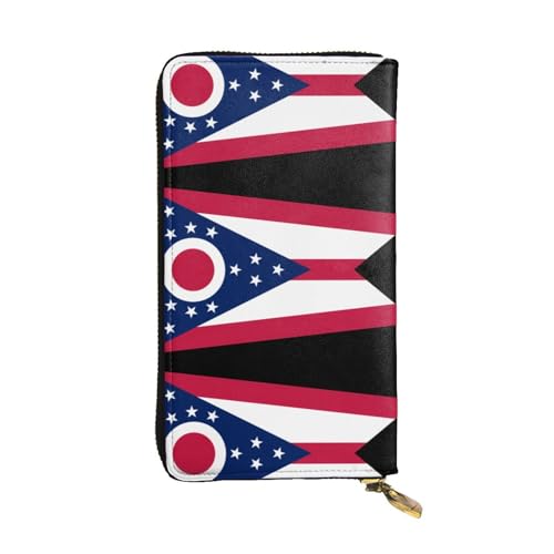 WHJWXC Leder Geldbörse 19,0 x 10,5 cm - Stilvolle und langlebige Geldbörse für Damen mit mehreren Fächern und Reißverschluss-Design Ohio State Flag Muster, Schwarz, Einheitsgröße, Schwarz , von WHJWXC