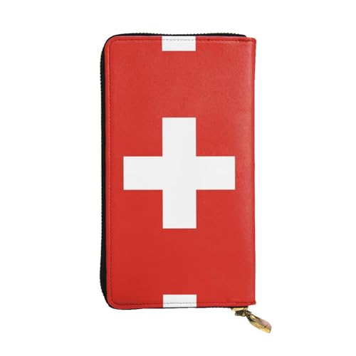 WHJWXC Leder Geldbörse 19,0 x 10,5 cm - Stilvolle und langlebige Geldbörse für Damen mit mehreren Fächern und Reißverschluss-Design Schweizer Flaggenmuster, Schwarz, Einheitsgröße, Schwarz , von WHJWXC