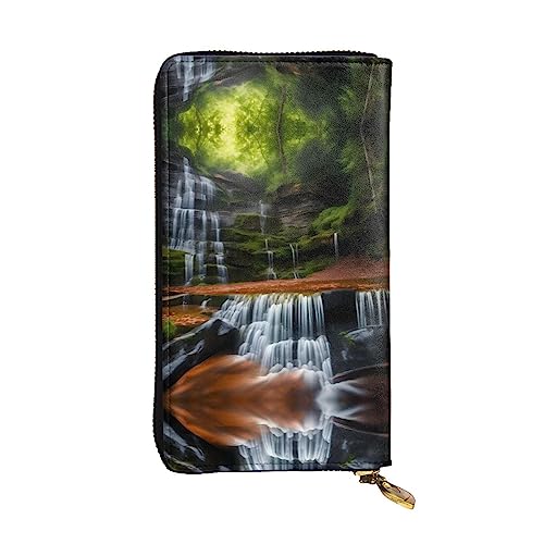 WHJWXC Leder Geldbörse 19,0 x 10,5 cm - Stilvolle und langlebige Geldbörse für Damen mit mehreren Fächern und Reißverschluss-Design Wasserfall View Muster, Schwarz, Einheitsgröße, Schwarz , von WHJWXC