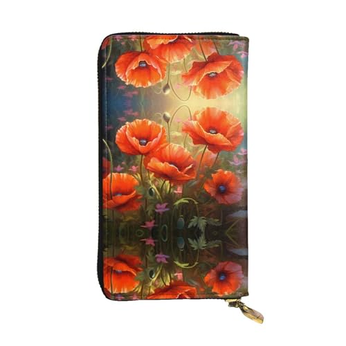 WHJWXC Ledergeldbörse 19,0 x 10,5 cm - Stilvolle und langlebige Geldbörse für Damen mit mehreren Fächern und Reißverschluss-Design Mohnblumen1 Muster, Schwarz, Einheitsgröße, Schwarz , Einheitsgröße von WHJWXC