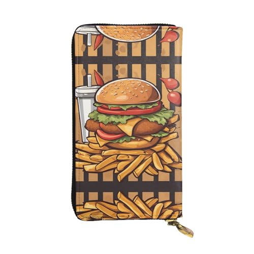 WHJWXC Ledergeldbörse 19 x 10,5 cm – stilvolle und langlebige Geldbörse für Damen mit mehreren Fächern und Reißverschluss-Design, Cartoon-übergroßer Burger-Druck, Schwarz, Einheitsgröße, Schwarz , von WHJWXC
