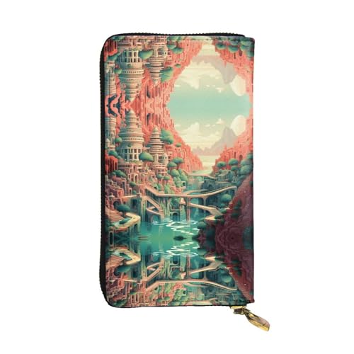 Damen Clutch mit großem Fassungsvermögen, Kreditkarte, Bargeld, Münzen, Multi-Slot, Reißverschluss, Aufbewahrungstasche, Flusswasser und Treppe, Leder, lange Geldbörse, Schwarz , Einheitsgröße von WHJYCC