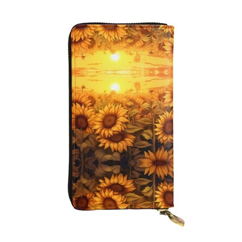 Damen Clutch mit großem Fassungsvermögen, Kreditkarte, Bargeld, Münzen, Multi-Slot, Reißverschluss, Aufbewahrungstasche, Sonnenblumen bei Sonnenuntergang, Leder, lange Geldbörse, Schwarz , von WHJYCC