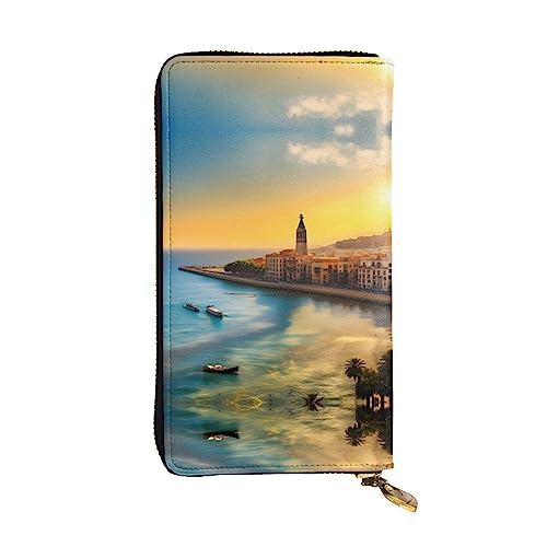 Damen Clutch mit großem Fassungsvermögen, Kreditkarte, Bargeld, Münzen, Multi-Slot, Reißverschluss, Aufbewahrungstasche, Sonnenuntergang in Barcelona, Leder, lange Geldbörse, Schwarz , Einheitsgröße von WHJYCC
