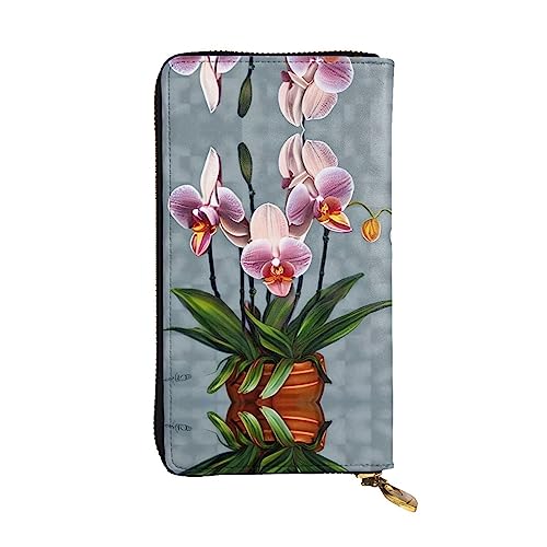 Damen Clutch mit großem Fassungsvermögen, Kreditkarte, Bargeld, Münzen, Multi-Slot, Reißverschluss, Aufbewahrungstasche, blühende Orchideen, Leder, lange Geldbörse, Schwarz , Einheitsgröße von WHJYCC