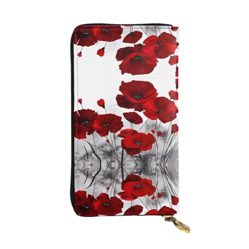 Damen Clutch mit großem Fassungsvermögen, Kreditkarte, Bargeld, Münzen, Multi-Slot, Reißverschluss, Aufbewahrungstasche, rote Mohnblumen-Leder, lange Geldbörse, Schwarz , Einheitsgröße von WHJYCC