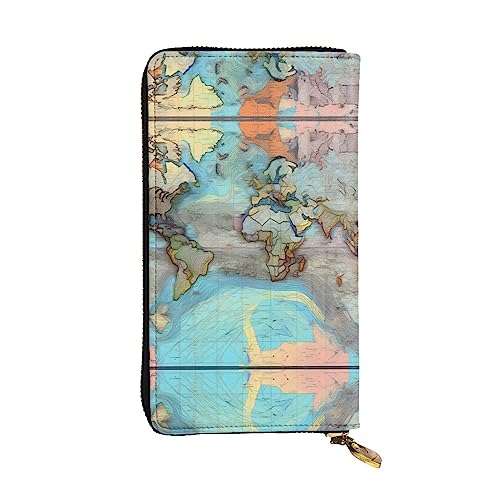 Damen Große Kapazität Clutch Kreditkarte Bargeld Münze Multi-Slot Geldbörse Reißverschluss Aufbewahrungstasche Cartoon Weltkarte Leder Lange Geldbörse, Schwarz , Einheitsgröße von WHJYCC