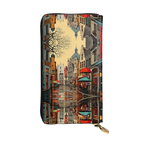 Damen Große Kapazität Clutch Kreditkarte Bargeld Münze Multi-Slot Geldbörse Reißverschluss Aufbewahrungstasche Rainy Street Leder Lange Geldbörse, Schwarz , Einheitsgröße von WHJYCC