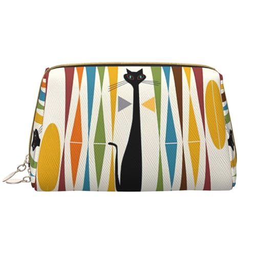 Mid-Century Moderne Kunst Katze Leder Kosmetiktasche Wasserdicht Niedlich Reise Kulturtasche Reißverschluss Damen Kosmetik Aufbewahrungstasche Set Braun, weiß, Einheitsgröße von WHJYCC