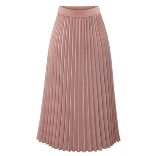 Faltenrock Damen Elegant Midi Plisseerock A-Linie Elastisch High Waist Swingrock Classic Tägliche (Rosa,M) von WHKJSS