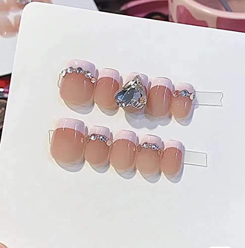 French Nude Nails Tips Mit Diamant Hand Gemalt Blumen, Kurze Lange Presse Auf Gefälschte Nägel Mit 3D Handgefertigten Edelsteinen, Box Acryl Full Coverage Nails Tips Für Frauen Und Mädchen (XS,c) von WHKJSS