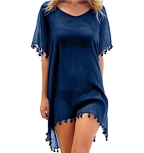 Strandtunika Damen Fashion Casual Loose Geöffnete Gabel Bikini Cover Up Elegante Classic Unikat V-Ausschnitt Luftig Transparent Mit Tassels Strandponcho Sommerkleider Strandkleid (Dunkelblau,One Size) von WHKJSS
